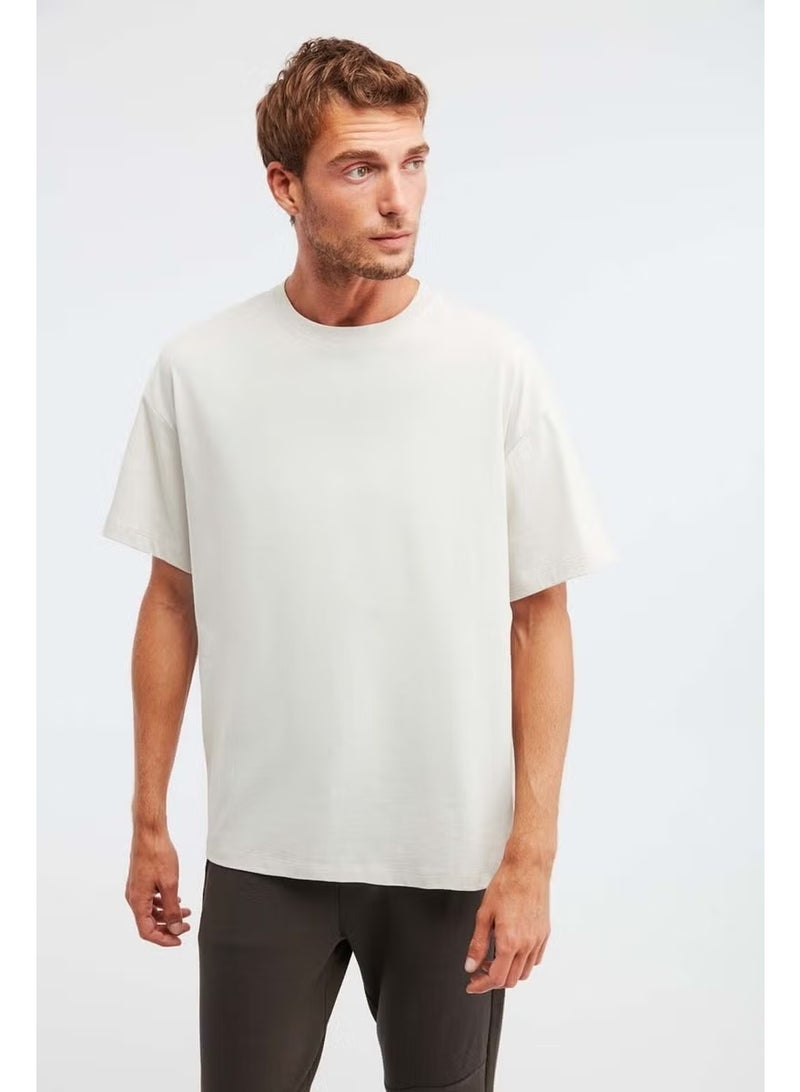 GRIMELANGE Jett Men's Oversize Fit 100% Cotton Thick Texture Stone Color T-shirt - Image 2